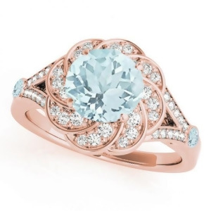 Diamond and Aquamarine Floral Swirl Engagement Ring 14k Rose Gold 1.25ct - All
