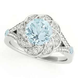 Diamond and Aquamarine Floral Swirl Engagement Ring 18k White Gold 1.25ct - All