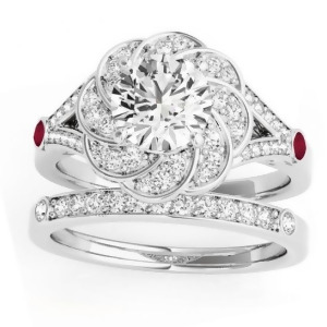 Diamond and Ruby Floral Bridal Set Setting 14k White Gold 0.35ct - All