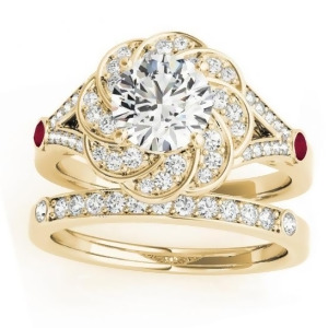 Diamond and Ruby Floral Bridal Set Setting 14k Yellow Gold 0.35ct - All