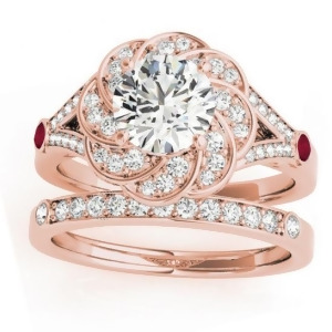 Diamond and Ruby Floral Bridal Set Setting 14k Rose Gold 0.35ct - All