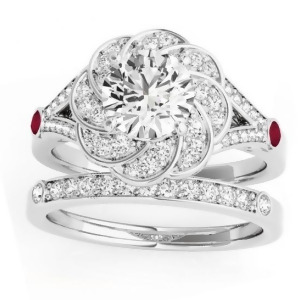 Diamond and Ruby Floral Bridal Set Setting 18k White Gold 0.35ct - All