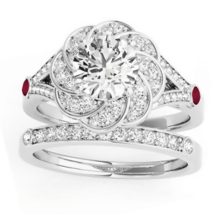 Diamond and Ruby Floral Bridal Set Setting Platinum 0.35ct - All