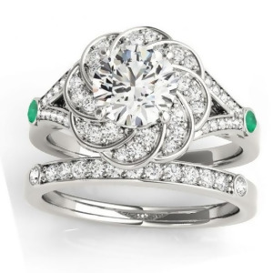 Diamond and Emerald Floral Bridal Set Setting 14k White Gold 0.35ct - All