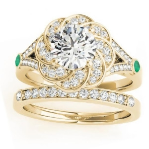 Diamond and Emerald Floral Bridal Set Setting 14k Yellow Gold 0.35ct - All