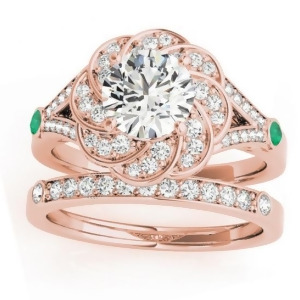 Diamond and Emerald Floral Bridal Set Setting 14k Rose Gold 0.35ct - All