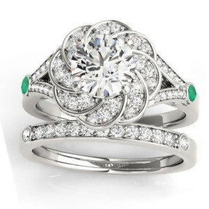 Diamond and Emerald Floral Bridal Set Setting Platinum 0.35ct - All