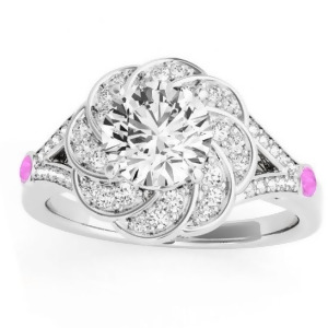 Diamond and Pink Sapphire Floral Engagement Ring Setting 14k White Gold 0.25ct - All