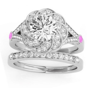 Diamond and Pink Sapphire Floral Bridal Set Setting 14k White Gold 0.35ct - All
