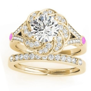 Diamond and Pink Sapphire Floral Bridal Set Setting 14k Yellow Gold 0.35ct - All
