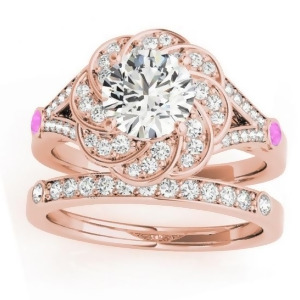 Diamond and Pink Sapphire Floral Bridal Set Setting 14k Rose Gold 0.35ct - All