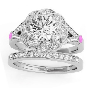 Diamond and Pink Sapphire Floral Bridal Set Setting 18k White Gold 0.35ct - All