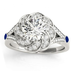 Diamond and Blue Sapphire Floral Engagement Ring Setting 14k White Gold 0.25ct - All