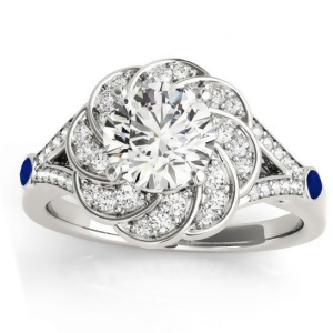 Diamond and Blue Sapphire Floral Engagement Ring Setting Platinum 0.25ct - All