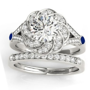 Diamond and Blue Sapphire Floral Bridal Set Setting 14k White Gold 0.35ct - All