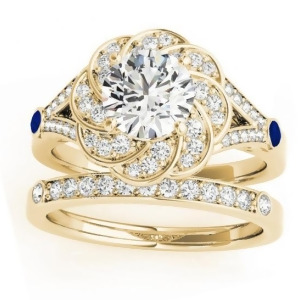 Diamond and Blue Sapphire Floral Bridal Set Setting 14k Yellow Gold 0.35ct - All