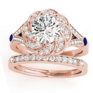 Diamond and Blue Sapphire Floral Bridal Set Setting 14k Rose Gold 0.35ct - All