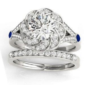 Diamond and Blue Sapphire Floral Bridal Set Setting 18k White Gold 0.35ct - All