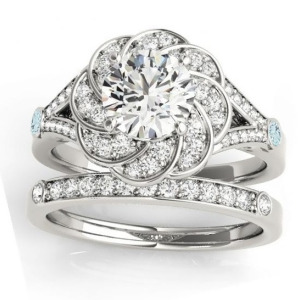 Diamond and Aquamarine Floral Bridal Set Setting 14k White Gold 0.35ct - All