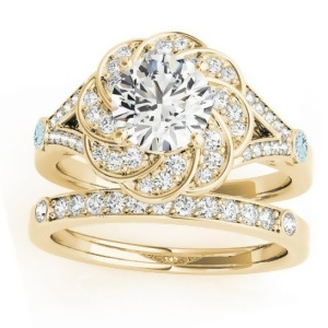 Diamond and Aquamarine Floral Bridal Set Setting 14k Yellow Gold 0.35ct - All