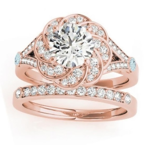 Diamond and Aquamarine Floral Bridal Set Setting 14k Rose Gold 0.35ct - All