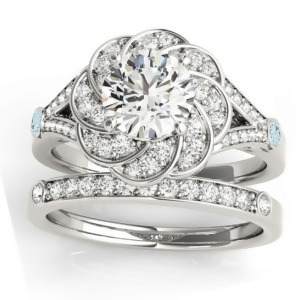 Diamond and Aquamarine Floral Bridal Set Setting 18k White Gold 0.35ct - All