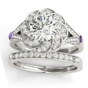 Diamond and Amethyst Floral Bridal Set Setting Platinum 0.35ct - All