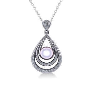 Pearl and Diamond Tear Drop Pendant Necklace 14k White Gold 0.46ct - All
