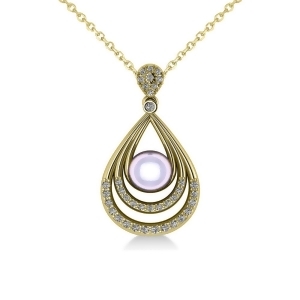 Pearl and Diamond Tear Drop Pendant Necklace 14k Yellow Gold 0.46ct - All