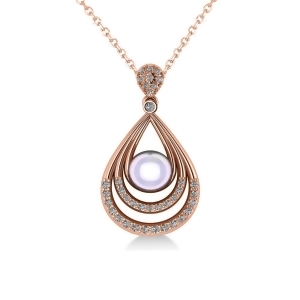 Pearl and Diamond Tear Drop Pendant Necklace 14k Rose Gold 0.46ct - All