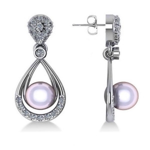 Pearl and Diamond Tear Drop Earrings 14k White Gold 0.39ct - All