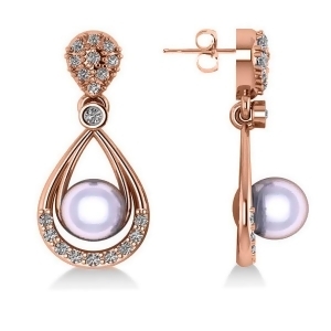 Pearl and Diamond Tear Drop Earrings 14k Rose Gold 0.39ct - All