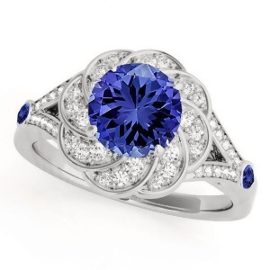 Diamond and Tanzanite Floral Swirl Engagement Ring Palladium 1.25ct - All