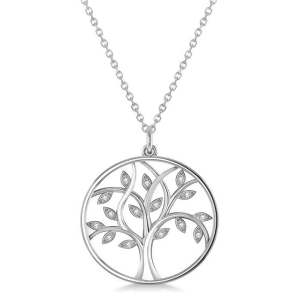 Medium Diamond Tree of Life Pendant Necklace 14k White Gold 0.08ct - All