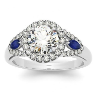 Diamond and Marquise Blue Sapphire Engagement Ring 14k White Gold 1.59ct - All