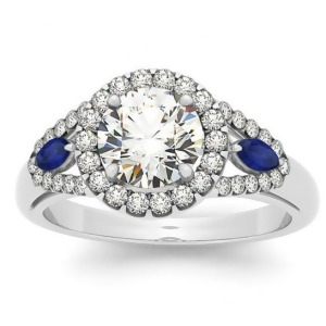 Diamond and Marquise Blue Sapphire Engagement Ring 18k White Gold 1.59ct - All
