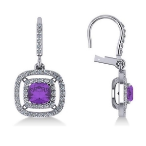 Amethyst and Diamond Double Halo Dangling Earrings 14k W Gold 3.00ct - All