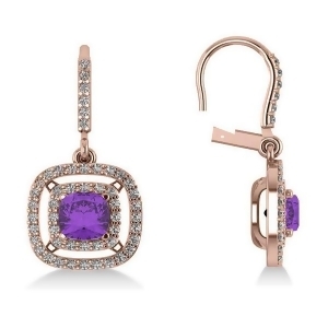 Amethyst and Diamond Double Halo Dangling Earrings 14k R Gold 3.00ct - All