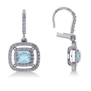 Aquamarine and Diamond Double Halo Dangling Earrings 14k W Gold 3.00ct - All