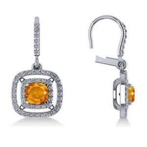 Citrine and Diamond Double Halo Dangling Earrings 14k W Gold 3.00ct - All