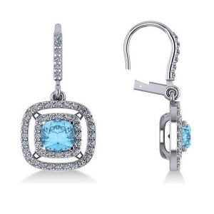 Blue Topaz and Diamond Double Halo Dangling Earrings 14k W Gold 3.00ct - All