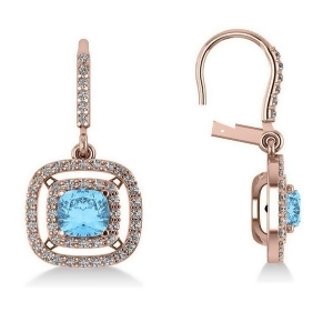 Blue Topaz and Diamond Double Halo Dangling Earrings 14k R Gold 3.00ct - All