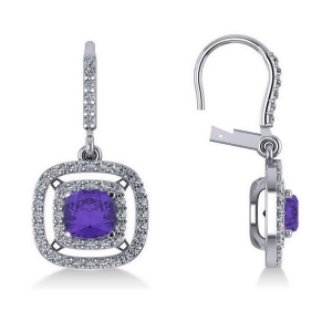 Tanzanite and Diamond Double Halo Dangling Earrings 14k W Gold 3.00ct - All