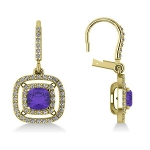 Tanzanite and Diamond Double Halo Dangling Earrings 14k Y Gold 3.00ct - All