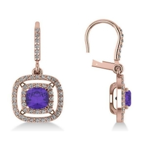 Tanzanite and Diamond Double Halo Dangling Earrings 14k R Gold 3.00ct - All