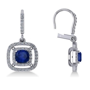 Blue Sapphire and Diamond Halo Dangling Earrings 14k White Gold 3.00ct - All