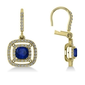 Blue Sapphire and Diamond Halo Dangling Earrings 14k Yellow Gold 3.00ct - All