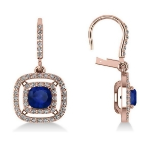 Blue Sapphire and Diamond Halo Dangling Earrings 14k Rose Gold 3.00ct - All