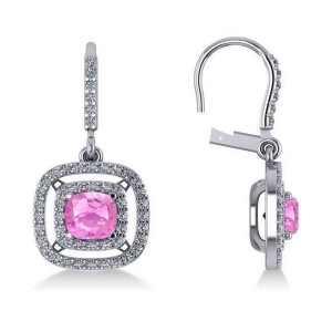 Pink Sapphire and Diamond Halo Dangling Earrings 14k White Gold 3.00ct - All