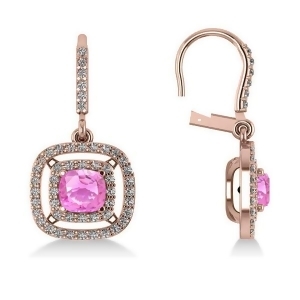 Pink Sapphire and Diamond Halo Dangling Earrings 14k Rose Gold 3.00ct - All